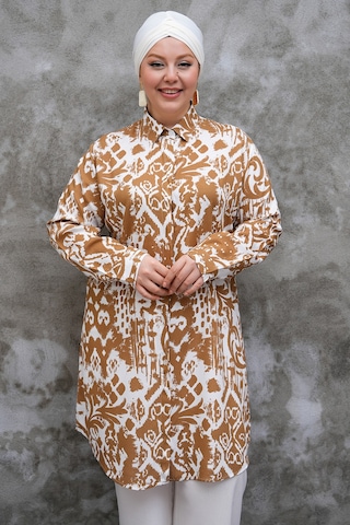 Polologin Butik Kahverengi Beyaz Renkli Uzun Tunik Kahverengi