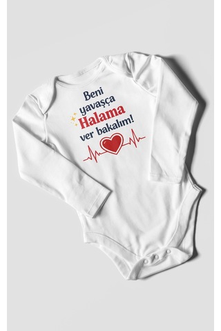 Morivokids Beni Yavaşça Halama Ver Bakalım Uzun Kollu Çıtçıtlı Bebek Body Beyaz