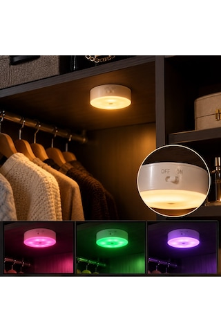 1 Adet Rgb Led Lamba Yapışkanlı Mıknatıslı Şarj Edilebilir Kumandalı Yuvarlak Renk Değiştiren Led Çok Renkli