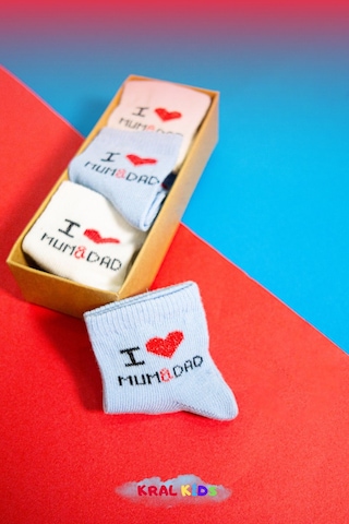 6 Çift Erkek Bebek Çorap Kutulu Patik Boy I Love Mum Dad Desenli, Pamuklu Beyaz