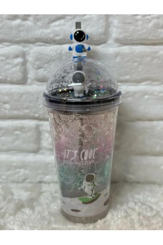 Pipetli Bardak Matara Sevimli Suluk 450 Ml Çift Astronot Figürlü Gümüş