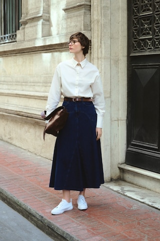 Mizalle Parça Volanlı Lacivert Maksi Denim Etek Lacivert