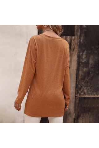 Hnxc Kadın Moda Günlük Yaz Düz Renk Baskı Uzun Kollu V Yaka Bluzlar Ve Gömlekler Pembe