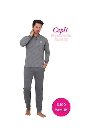 Alimer Erkek 3 Düğmeli Çizgili Desen %100 Pamuk Uzun Manşetli Kol Cepli Pijama Takımı Antrasit