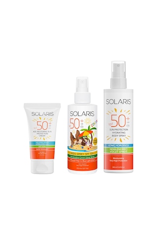 Solaris SPF 50+ Güneş Kremi 50 ML + Çocuk SPF 50+ Güneş Kremi Sprey 150 ML + Yetişkin SPF 50+ Güneş Koruyucu Krem Sprey 200 ML