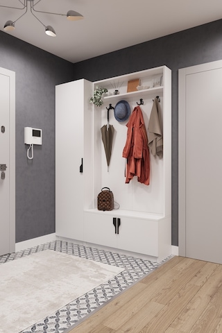Lüks Çok Raflı Portmanto Askılı Vestiyer %100 Mdf Çok Raflı Ayakkabılık V01 Beyaz
