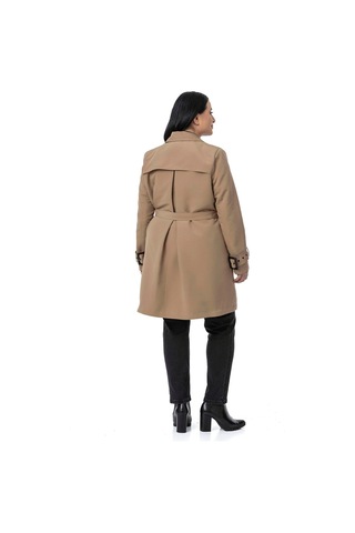 Büyük Beden Kruvaze Kolu Bant Detaylı Cepli Kuşaklı Astarlı Vizon Trençkot Vizon