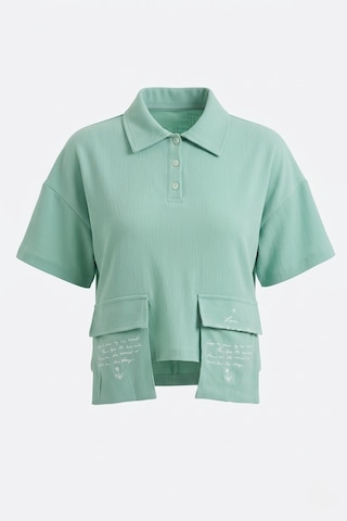 Sortie Collection Polo Yaka Yazı Baskılı Cep Detaylı Crop Bluz Mint MİNT