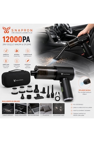 Snapron Snv-3002 2'si 1 Arada Şarjlı Araç Süpürgesi 80w 12000pa - 9 Başlık 3 Filtre Taşıma Çantalı Torpido Aksesuar