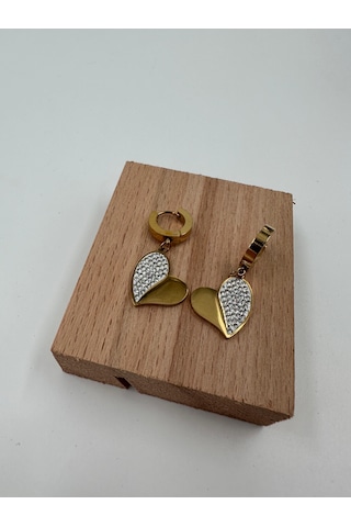 Xbaby Yarısı Taşlı Kalp Gold Küpe