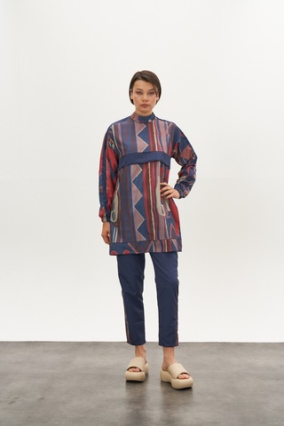 Etnik Desen Tesettür Mayo Mavi Kısa Y Siyah