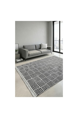 Classi Soft İnce Saten Bambu Halı Kaymaz Taban Yıkanabilir Modern Salon Mutfak Koridor Halısı Siyah