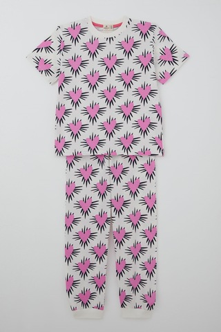Paty Kıds Breeze Kız Çocuk Pijama Takımı Kısa Kollu Kalp Desenli 8-12 Yaş, Ekru