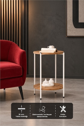 Yuvarlak Tablalı İki Raflı Yan Sehpa Q42x60 (Beyaz Atlantik Çam)