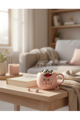 Panda Figürlü Kupa Bardak Sevimli Tasarım Seramik Mug Hediye Kupa Pembe