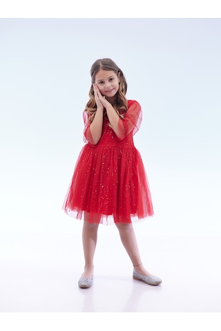 Ahengim Kız Çocuk Yıldız Baskılı Trend Tül Elbise Ak2246 Kırmızı