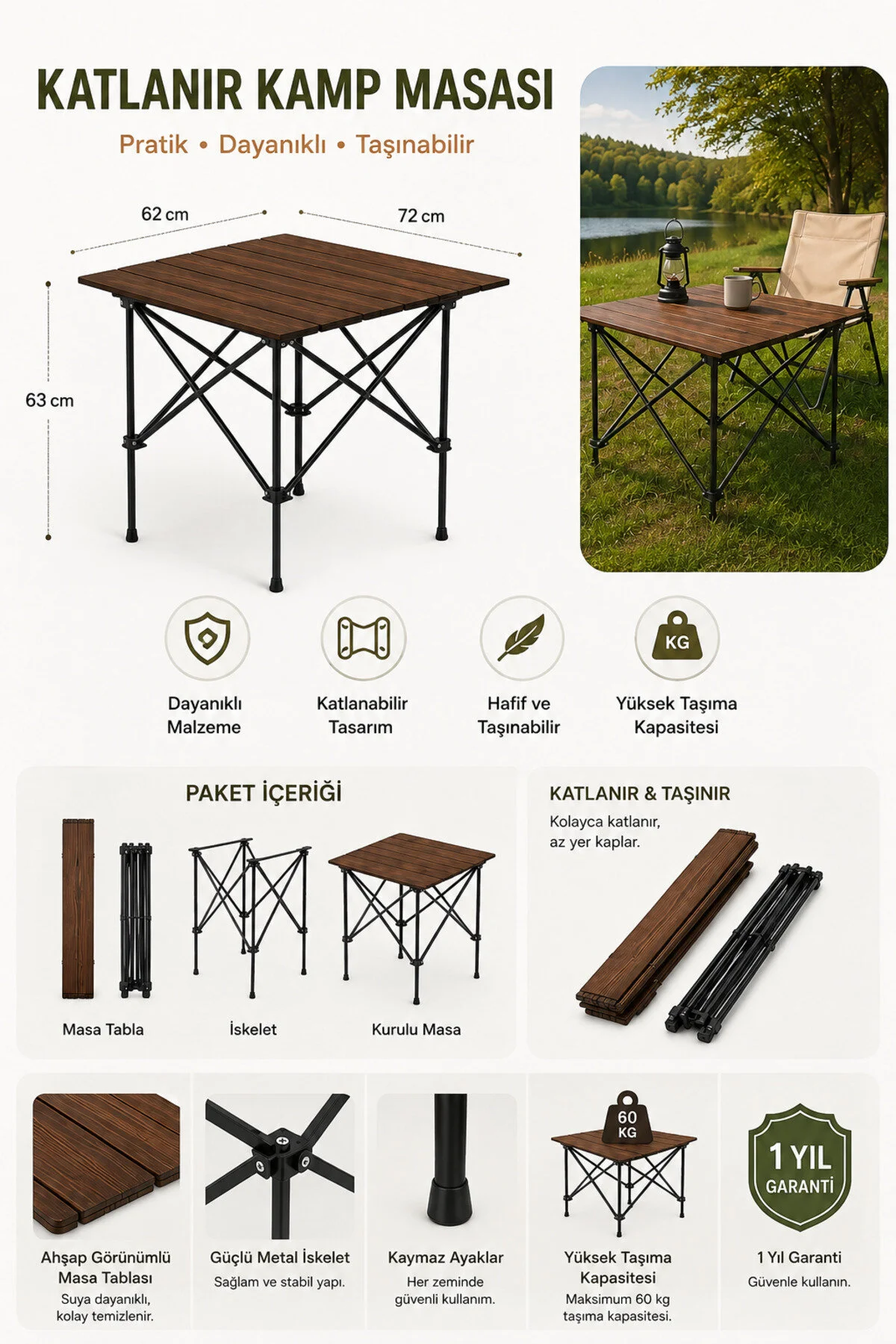 Greenwolf Ahşap Katlanabilir Omuz Askılı Taşıma Çantalı L -kamp - Piknik - Bahçe - Balkon Masası 2mm Profil Kalınlığı Ceviz