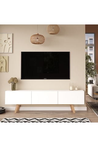 Jabari Tv Ünitesi 180cm 3 Kapaklı Ahşap Ayaklı Beyaz Jab1-w Beyaz