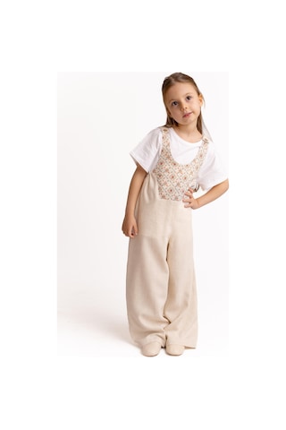 Cigit Roba Komple Nakışlı Keten Salopet 2-7 Yaş Naturel Beyaz