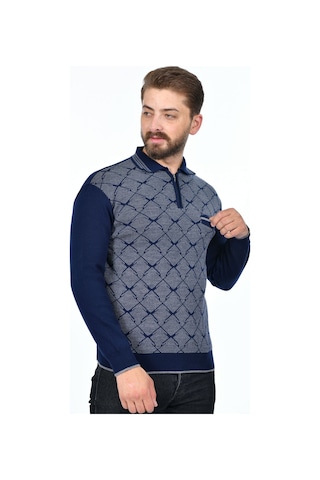 Kamalı Erkek Çelik Örgü Gömlek Yaka Cepli Fermuarlı Polo Yakalı Tüylenmeyen Triko Kışlık Baba Kazak Lacivert