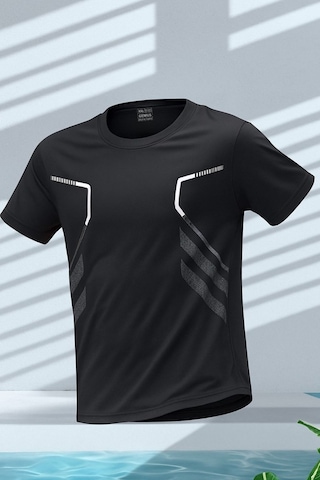 Genius Store Erkek Spor Tişört Antreman Gym Polyester Erkek Sporcu T-shirt Şeritli-tişört Siyah
