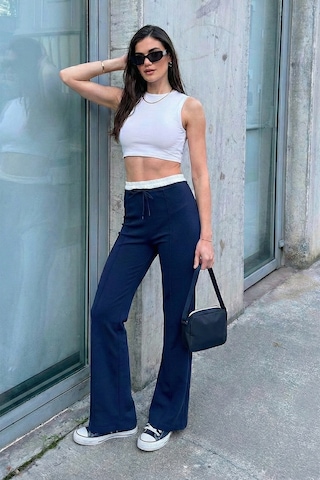 Lela Streç Slim Fit Yüksek Bel Geniş Paça Çimalı Bayan Eşofman Altı 5866078 Lacivert