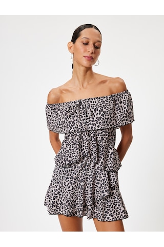 Koton Madonna Yaka Tulum Mini Leopar Desenli Volanlı Kısa Kollu Siyah Desenli 4sal40188ık Siyah