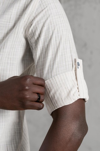 Advante İnce Çizgili Yaka Düğmeli Katlamalı Kol Pamuklu Slimfit Yazlık Keten Gömlek Kahve