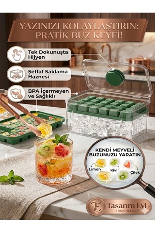 Yeni Nesil Basmalı Çift Buz Kalıbı Buzluk Kapaklı Saklama Kutulu 28 28 56 Bölmeli 10x20 Cm Yeşil