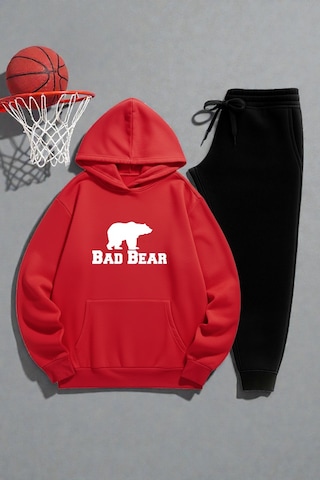 Unisex Bad Bear Baskılı Sweatshirt Eşofman Takımı Kırmızı