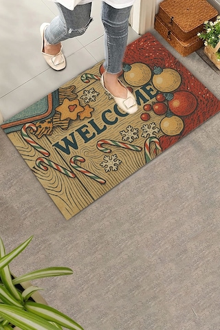 Valerine Life Yılbaşı Baston Şekerli Noel Temalı Welcome Hoş Geldiniz Kapı Önü Paspası 45x70cm Kahverengi