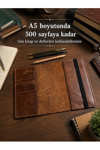 Bilikolik Hakiki Deri A5 Defter Kılıfı, El Yapımı, Telefon Cepli Ajanda Organizer, Defter Ve Kalem Dahil Kahverengi - Taba