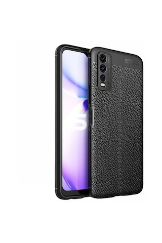 Smcase Vivo Y11s Kılıf Kamera Korumalı Deri Dokulu Niss Silikon Siyah