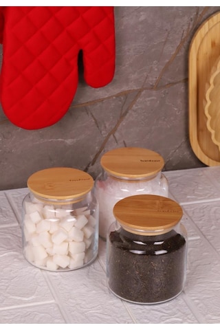 Zone - 3'lü Cam Saklama Kabı 600ml Vakumlu Bambu Kapaklı Ahşap - Şeffaf