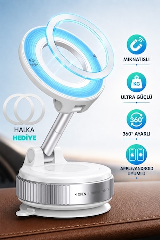Magnetpro 360 Ayarlanabilir Araç İçi Masa Üstü Vakumlu Mıknatıslı Magsafe Telefon Tutucu Beyaz Beyaz