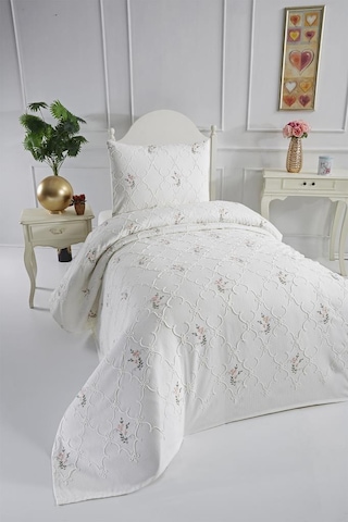 Pinkrose Nakışlı Şönil 2 Parça Tek Kişilik Yatak Örtüsü Krem Krem