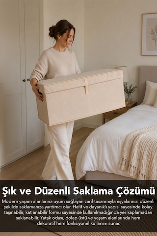 3'lü Set Mega Plus Hurç - Çok Amaçlı Organizer Kapaklı Saklama Kutusu 70x40x30cm Bej
