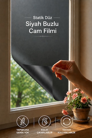 Deconitte Statik Düz Siyah Buzlu Cam Filmi 60x100 Cm Yapışkansız Mahremiyet Sağlayan Dekoratif Cam Kaplama, Kumlama