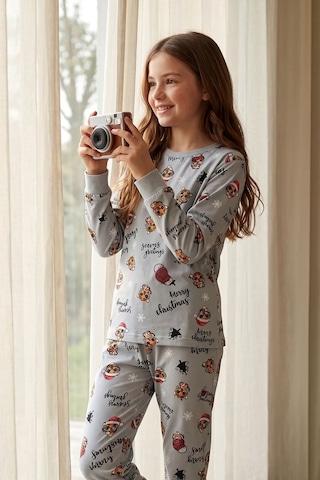 Zuzunga Kız Çocuk Yılbaşı Temalı Tiger Desenli Uzun Kollu Pijama Takımı Gri