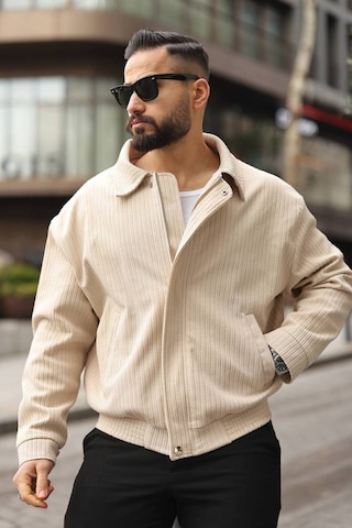 Yeni Sezon Dokulu Oversize Bol Kalıp Bomber Ceket Krem