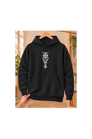 Mor Mürekkep Türk Sembolleri Dikey Kompozisyon Baskılı Kapüşonlu Sweatshirt - Siyah