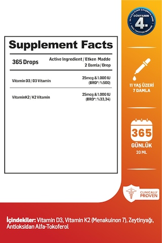 Kiperin D3K2 Vitamin D3 1000 25 Mcg Takviye Edici Gıda 20 ML