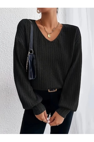 Kadın Uzun Kollu V Yakalı Salaş Şardonlu Kaşkorse Bluz Siyah