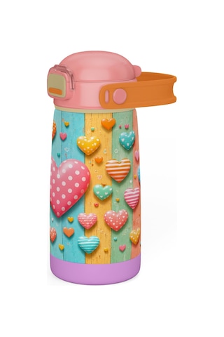 Puccon 420 Ml Kız Çocuk Pembe Sarı Kalp Baskılı Okul Ve Günlük Çelik Matara Suluk - 60013 Pembe - Sarı