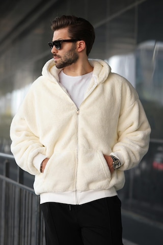 Madmext Ekru Peluş Over Fit Kapüşonlu Fermuarlı Erkek Sweatshirt 6049 Ekru