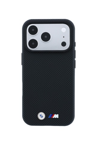 Apple iPhone Uyumlu 18 Pro Max Kılıf Bmw Lisanslı M-safeli Metal Logolu Karbon Fiber Kevlar Kapak Siyah