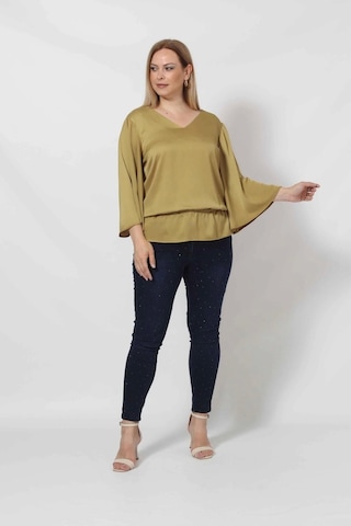 3183yy Yağ Yeşili Beli Lastikli Bol Kol Bluz Yağ Yeşili