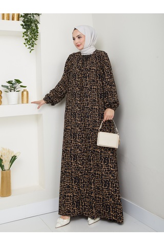 Önü Büzgülü Viskon Elbise - Siyah/taba / E0130 Siyah/taba