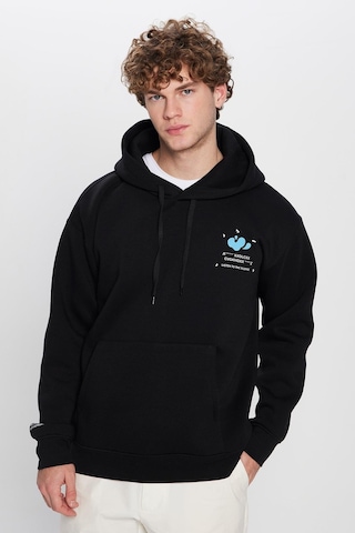 Tudors Unisex Oversize Geniş Kesim Pamuklu Yumuşak Dokulu İçi Polarlı Baskılı Siyah Kapüşonlu Sweatshirt-32508 Siyah