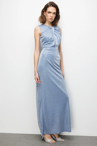 Ekol Kadın Büzgü Detaylı Sırt Dekolteli Simli Abiye Elbise 6094 Mavi Mavi